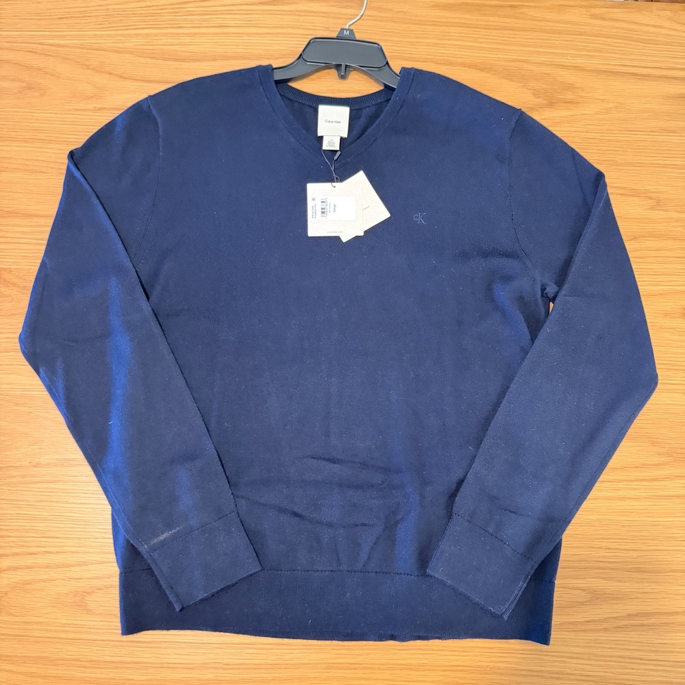 Calvin Klein Mens Merino Wool Blend V-Neck Sweater Dark Sapphire Blue Large NEW